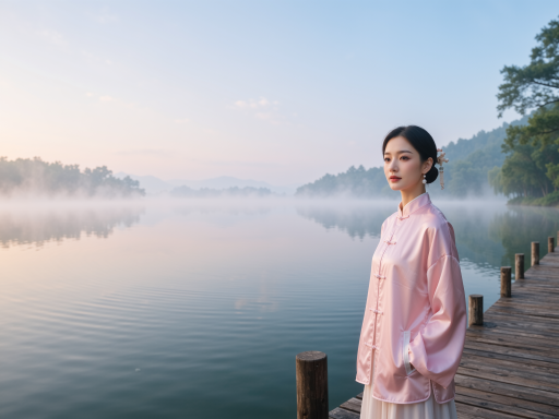 梅溪湖公园晨雾中的个人写真,模特穿着白色长裙,背景是朦胧的湖面和远山,营造出梦幻仙境的感觉